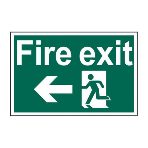 Picture of 'Fire Exit Running Man Arrow Left' Sign, Self-Adhesive Semi-Rigid PVC (300mm x 200mm)