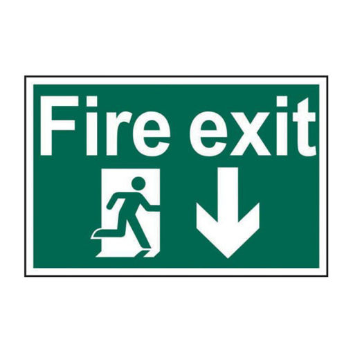 Picture of 'Fire Exit Running Man Arrow Down' Sign, Self-Adhesive Semi-Rigid PVC (300mm x 200mm)