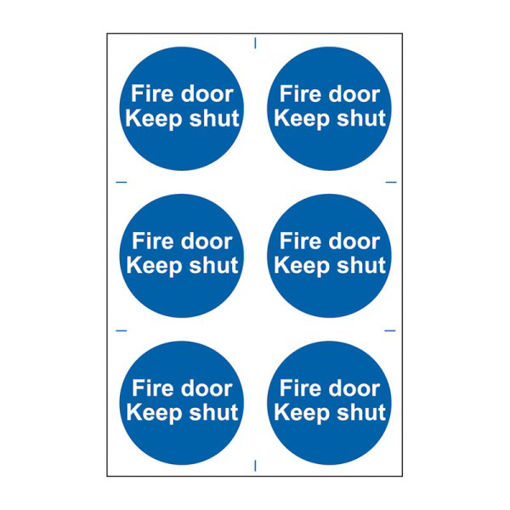 Picture of ‘Fire Door Keep Shut’ Sign, Self-Adhesive Semi-Rigid PVC (100mm x 100mm) 6 Per Sheet