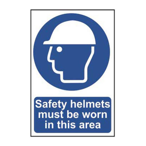 Picture of ‘Safety Helmets Must Be Worn In This Area’ Sign, Self-Adhesive Semi-Rigid PVC (200mm x 300mm)