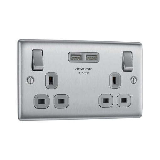 Picture of Double socket with USB - Brushed Steel - Grey Insert