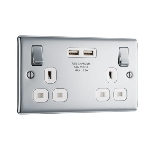 Picture of Double socket with USB - Polished Chrome - White Insert