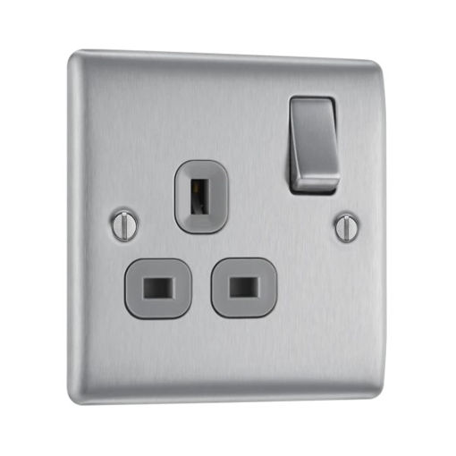 Picture of Single Socket - Brushed Steel - Grey Insert