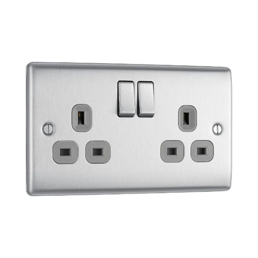 Picture of Double Socket - Brushed Steel - Grey Insert
